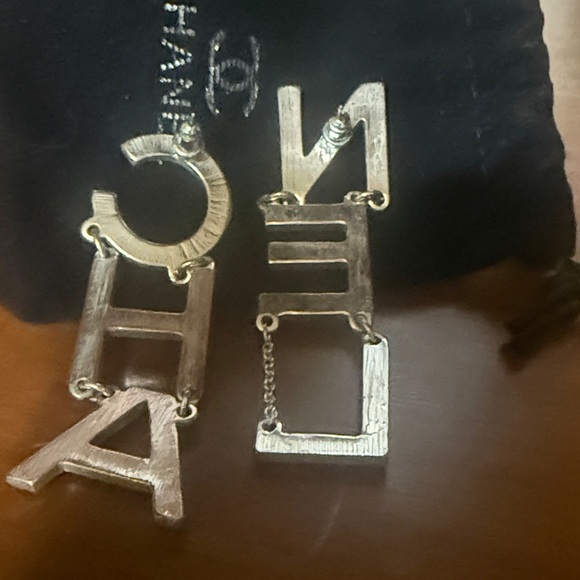 CHA  NEL.  Silver Crystal Logo Earrings - Picture 2 of 2